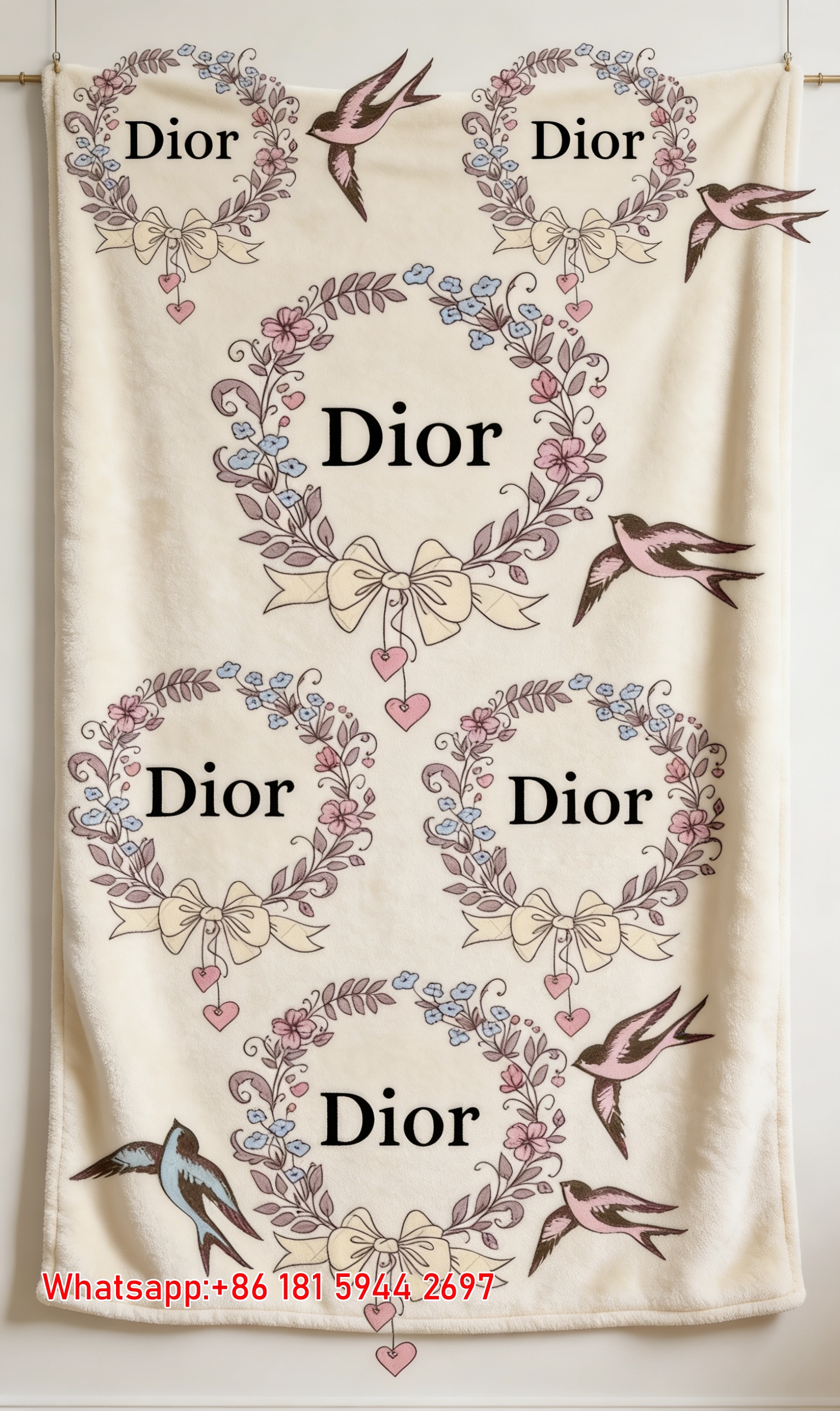 Dior Floral Wreath Swallow Flannel Blanket Throw Sofa Decor D123